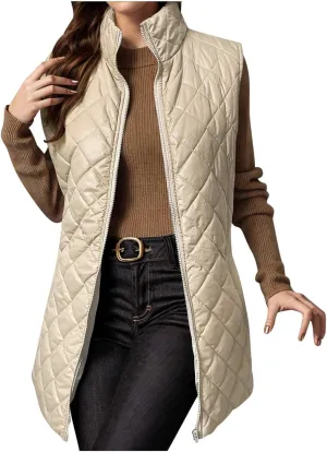 Womens Long Quilted Vest Sleeveless Pockets Full Zip Puff Vest Outerwear Cotton Padded Jacket Gilet Long Winter Coats