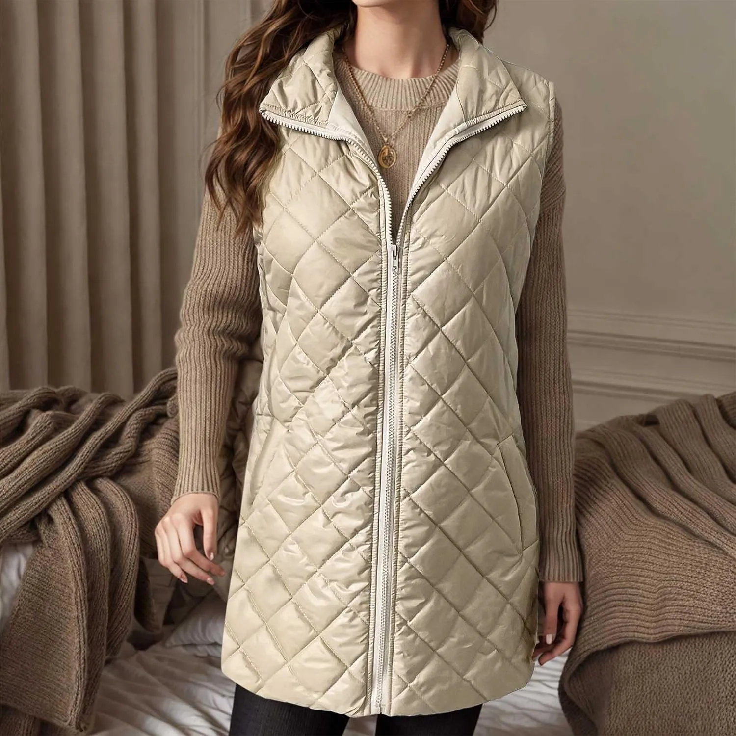 Womens Long Quilted Vest Sleeveless Pockets Full Zip Puff Vest Outerwear Cotton Padded Jacket Gilet Long Winter Coats