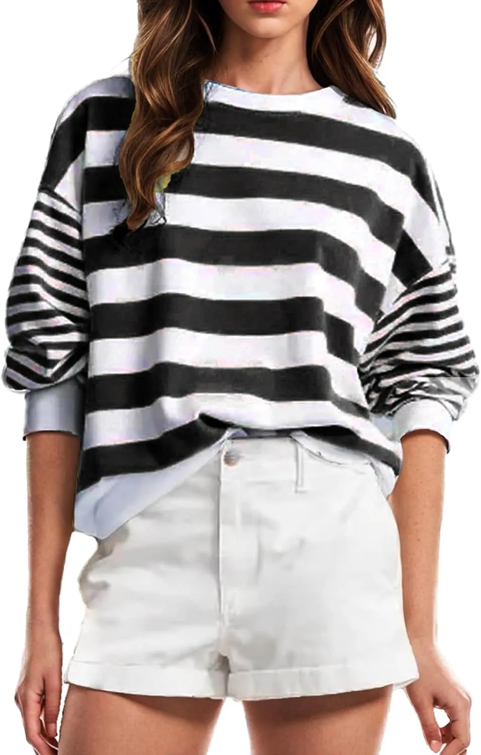 Womens Long Sleeve Shirts Cute Crewneck Pullover Tops Casual Loose Striped Blouses 2024 Fall Fashion Outfits