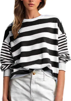 Womens Long Sleeve Shirts Cute Crewneck Pullover Tops Casual Loose Striped Blouses 2024 Fall Fashion Outfits