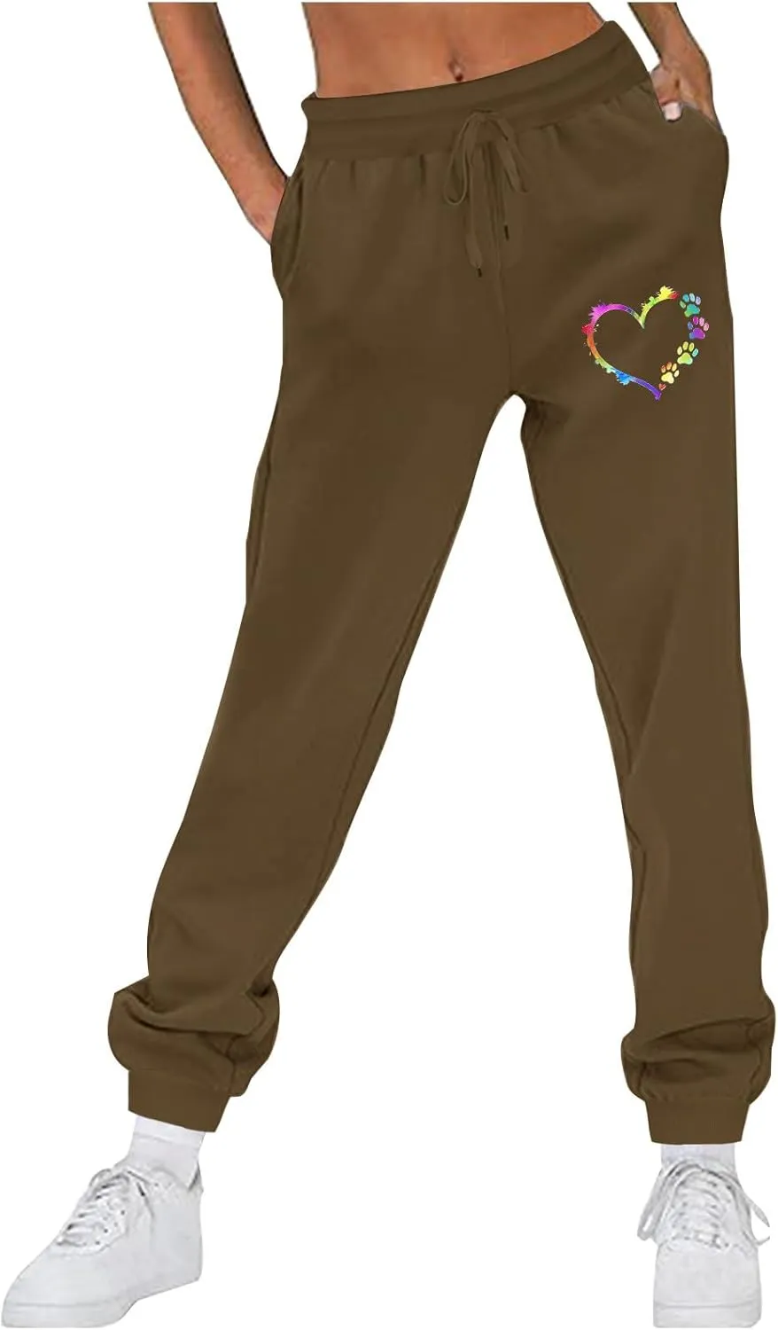 Women's Love Heart Dog Paw Print Sweatpants Winter Fleece Sports Pant Baggy High Waist Drawstring Joggers with Pockets