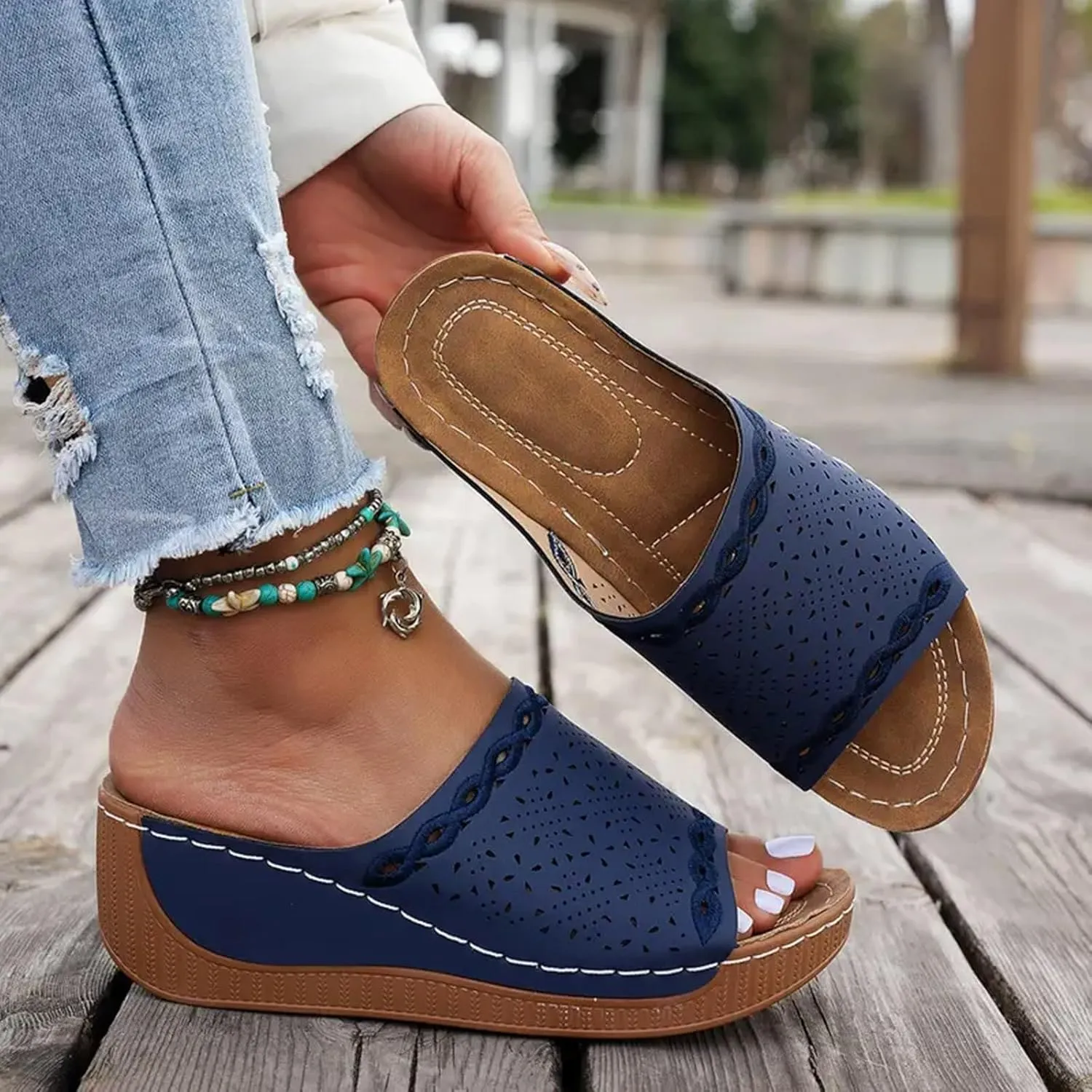 Womens Orthopedic Platform Wedge Sandals with Arch Support Open Toe Hollow Out Dressy Breathable Comfortable Slippers Cushion Summer Fashion Casual Beach Walking Vacation Footwear