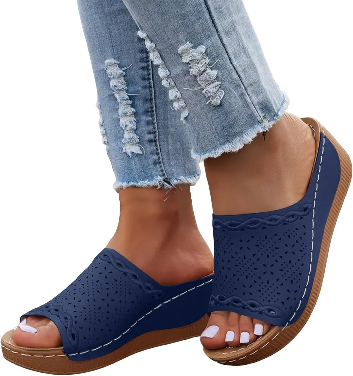 Womens Orthopedic Platform Wedge Sandals with Arch Support Open Toe Hollow Out Dressy Breathable Comfortable Slippers Cushion Summer Fashion Casual Beach Walking Vacation Footwear