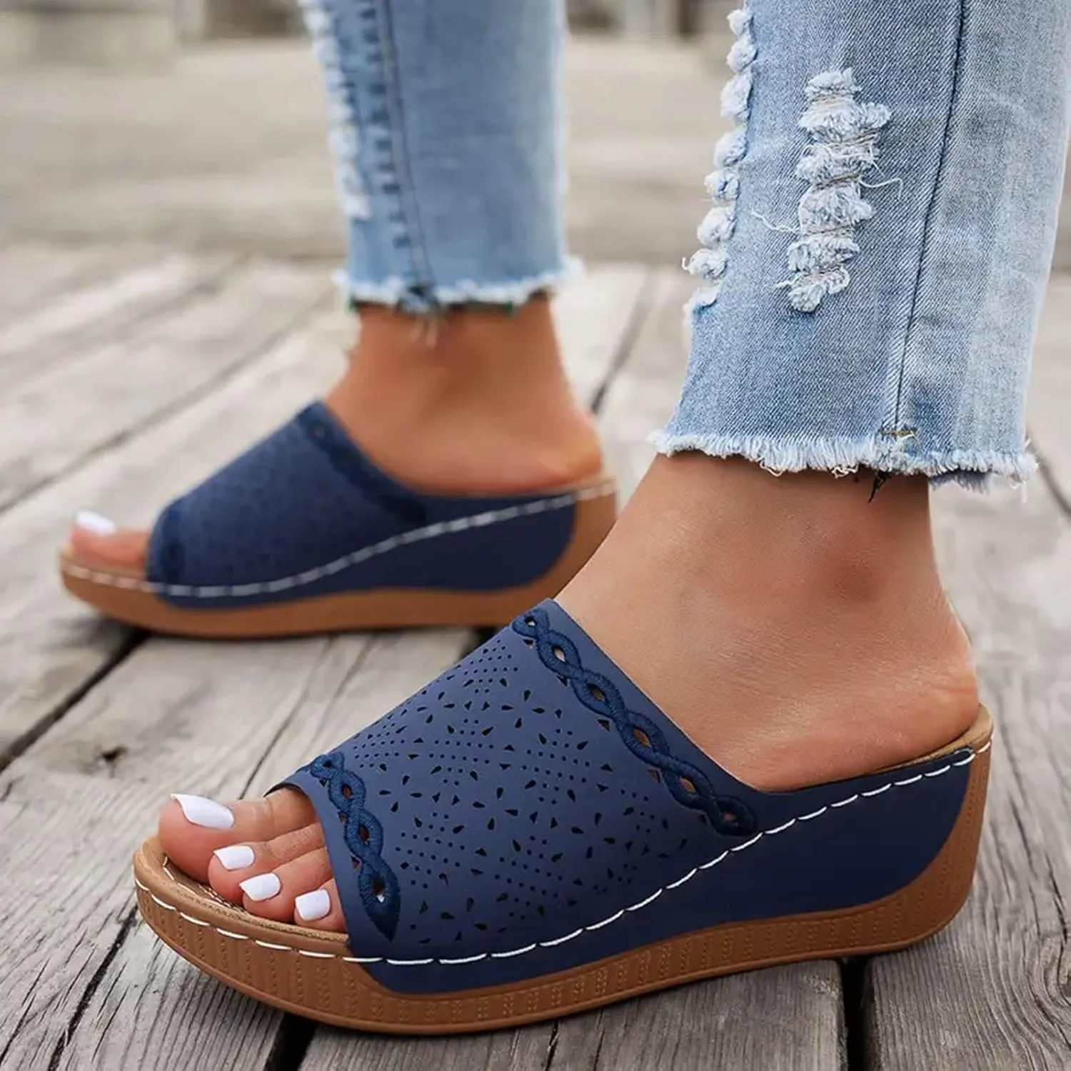 Womens Orthopedic Platform Wedge Sandals with Arch Support Open Toe Hollow Out Dressy Breathable Comfortable Slippers Cushion Summer Fashion Casual Beach Walking Vacation Footwear