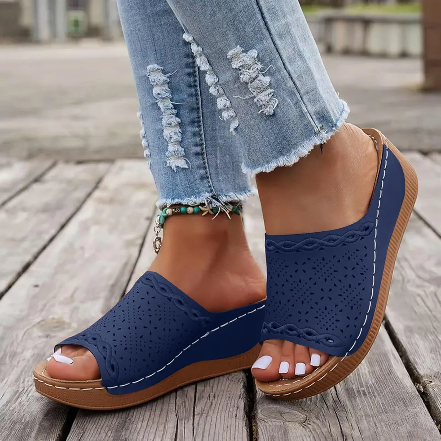 Womens Orthopedic Platform Wedge Sandals with Arch Support Open Toe Hollow Out Dressy Breathable Comfortable Slippers Cushion Summer Fashion Casual Beach Walking Vacation Footwear