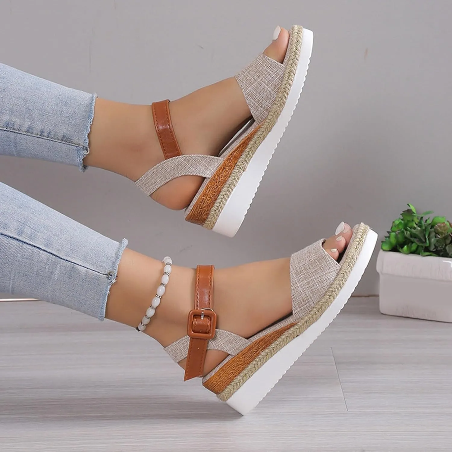 Womens Orthopedic Sandals with Arch Support Open Toe Ankle Strap Espadrilles Platform Wedge Sandals Dressy Summer Beach Casual Slip On Walking Slippers Comfortable Outdoor Shoes