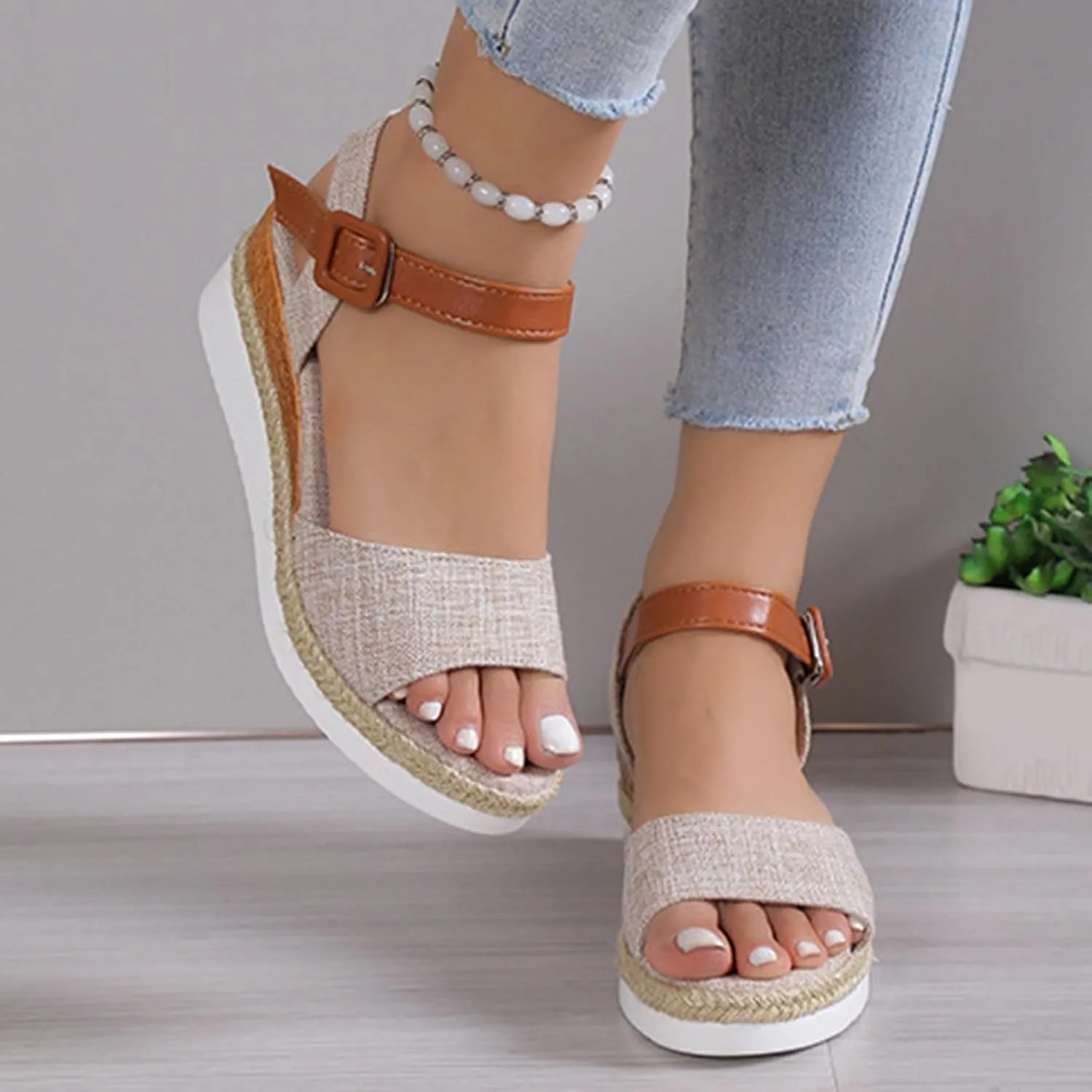 Womens Orthopedic Sandals with Arch Support Open Toe Ankle Strap Espadrilles Platform Wedge Sandals Dressy Summer Beach Casual Slip On Walking Slippers Comfortable Outdoor Shoes
