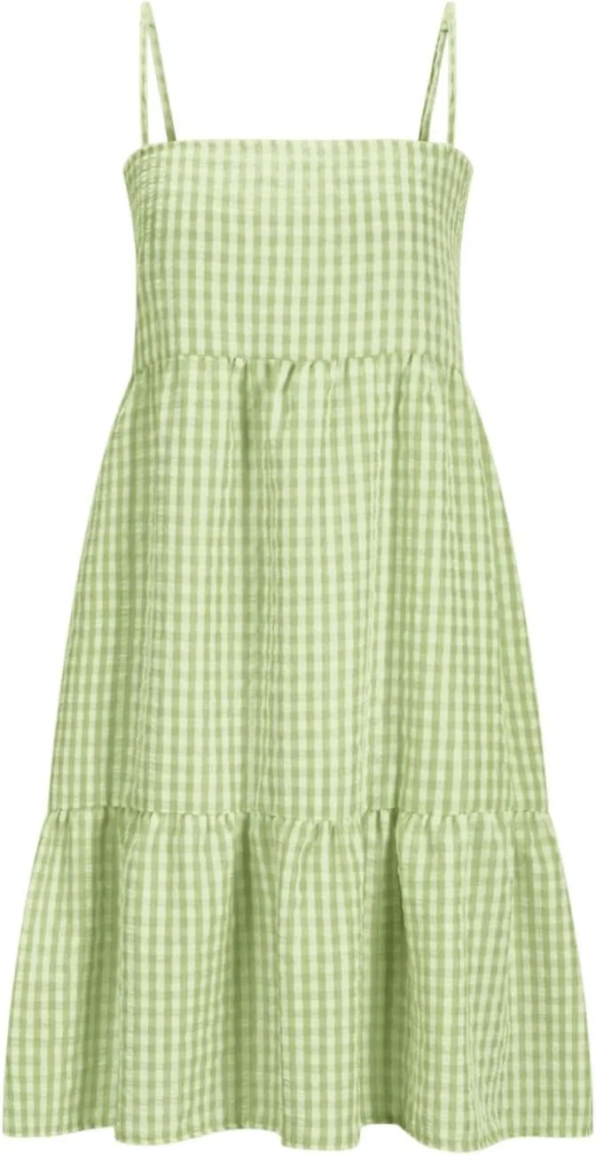 Womens Plaid A-line Dresses Shoulder Straps Ruffle Hem Casual Mini Dress with Side Pockets 2025 Sexy Dresses