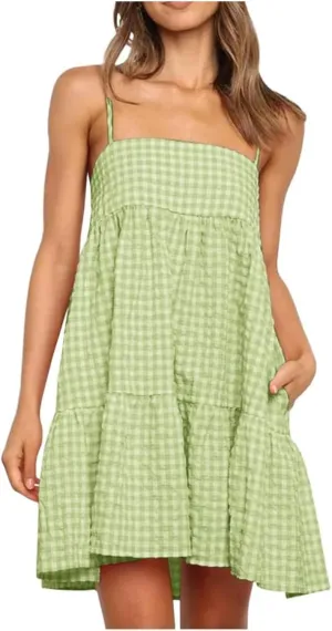 Womens Plaid A-line Dresses Shoulder Straps Ruffle Hem Casual Mini Dress with Side Pockets 2025 Sexy Dresses