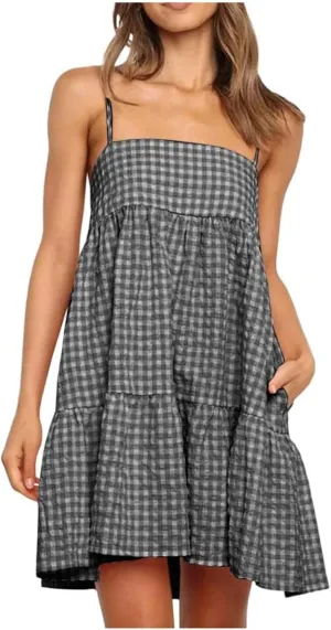 Womens Plaid A-line Dresses Shoulder Straps Ruffle Hem Casual Mini Dress with Side Pockets 2025 Sexy Dresses