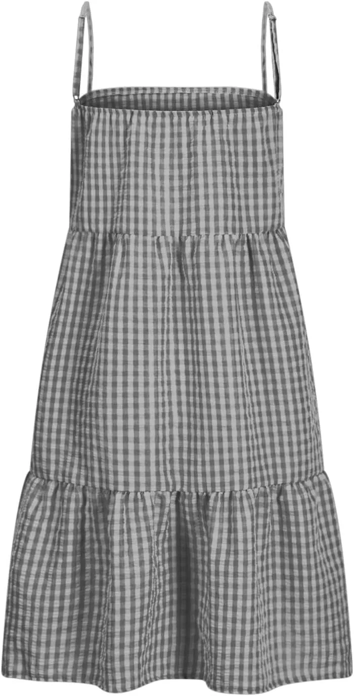 Womens Plaid A-line Dresses Shoulder Straps Ruffle Hem Casual Mini Dress with Side Pockets 2025 Sexy Dresses