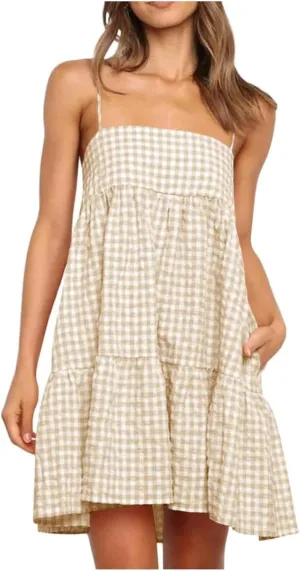 Womens Plaid A-line Dresses Shoulder Straps Ruffle Hem Casual Mini Dress with Side Pockets 2025 Sexy Dresses