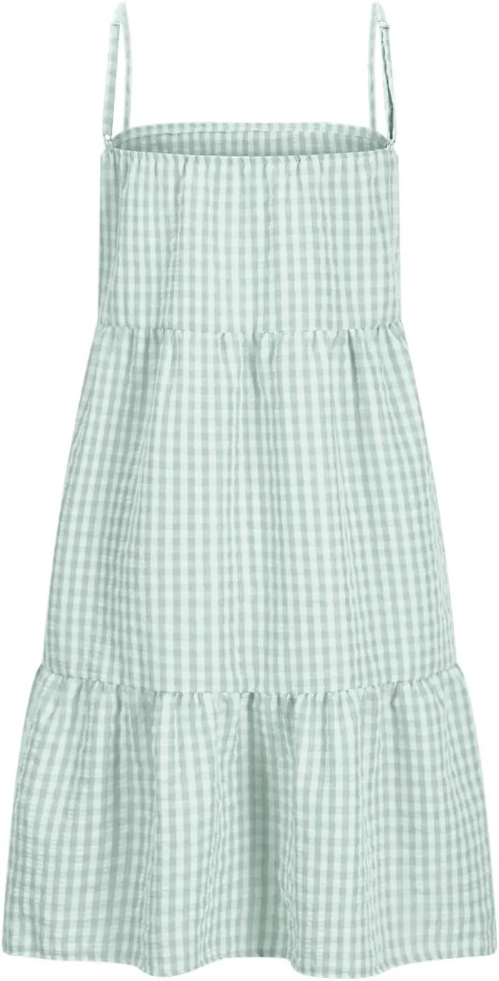 Womens Plaid A-line Dresses Shoulder Straps Ruffle Hem Casual Mini Dress with Side Pockets 2025 Sexy Dresses