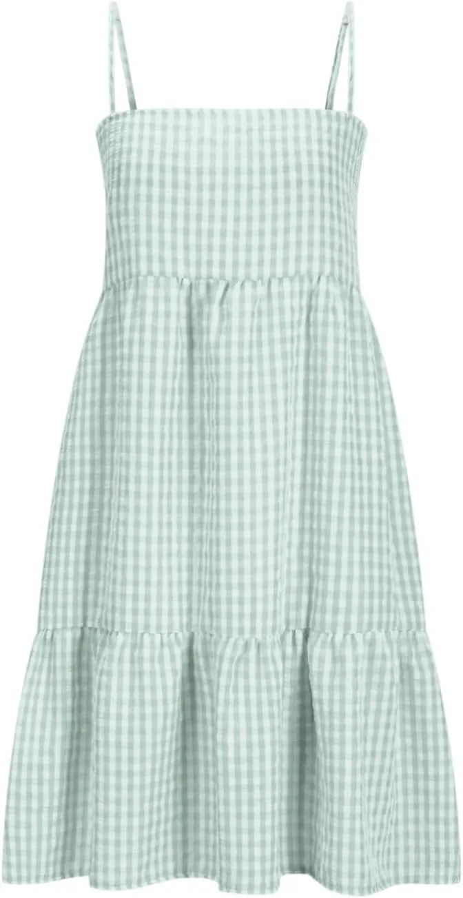 Womens Plaid A-line Dresses Shoulder Straps Ruffle Hem Casual Mini Dress with Side Pockets 2025 Sexy Dresses