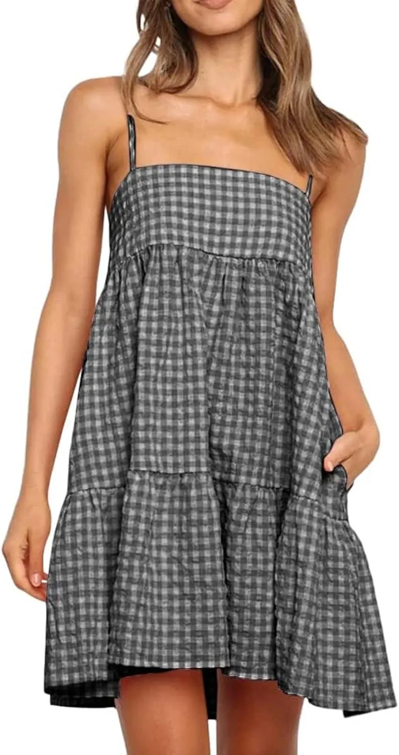 Womens Plaid A-line Dresses Shoulder Straps Ruffle Hem Casual Mini Dress with Side Pockets 2025 Sexy Dresses
