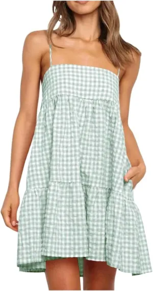 Womens Plaid A-line Dresses Shoulder Straps Ruffle Hem Casual Mini Dress with Side Pockets 2025 Sexy Dresses