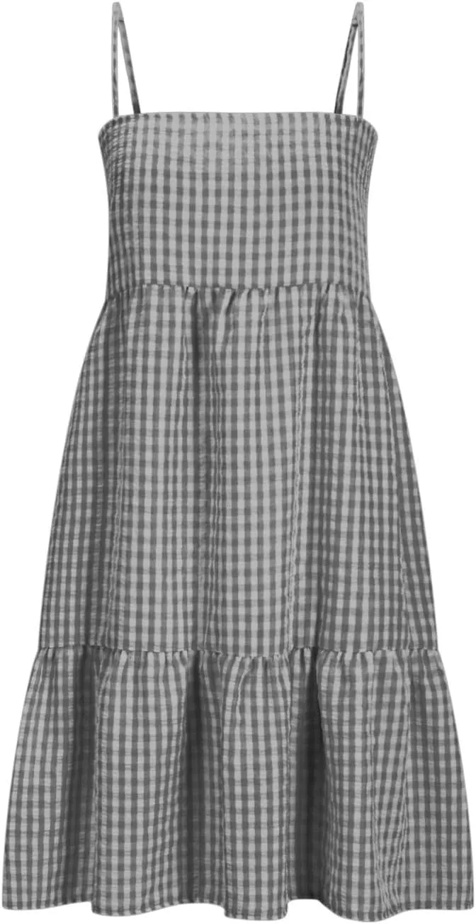 Womens Plaid A-line Dresses Shoulder Straps Ruffle Hem Casual Mini Dress with Side Pockets 2025 Sexy Dresses