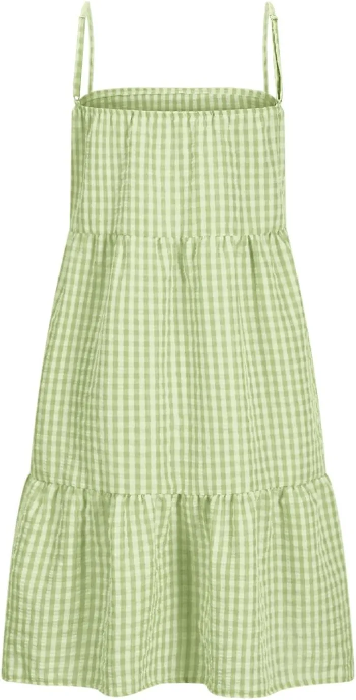 Womens Plaid A-line Dresses Shoulder Straps Ruffle Hem Casual Mini Dress with Side Pockets 2025 Sexy Dresses
