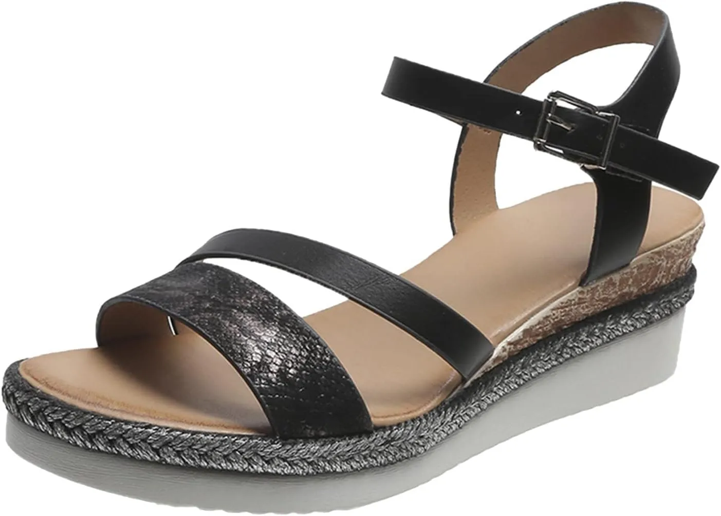 Women's Platform Espadrilles Wedge Sandals, Comfortable Open Toe One Band Sandals Dressy Casual Summer Round Crisscross with Adjustable Ankle Strap Buckle Stylish Wedges Espadrille Sandal