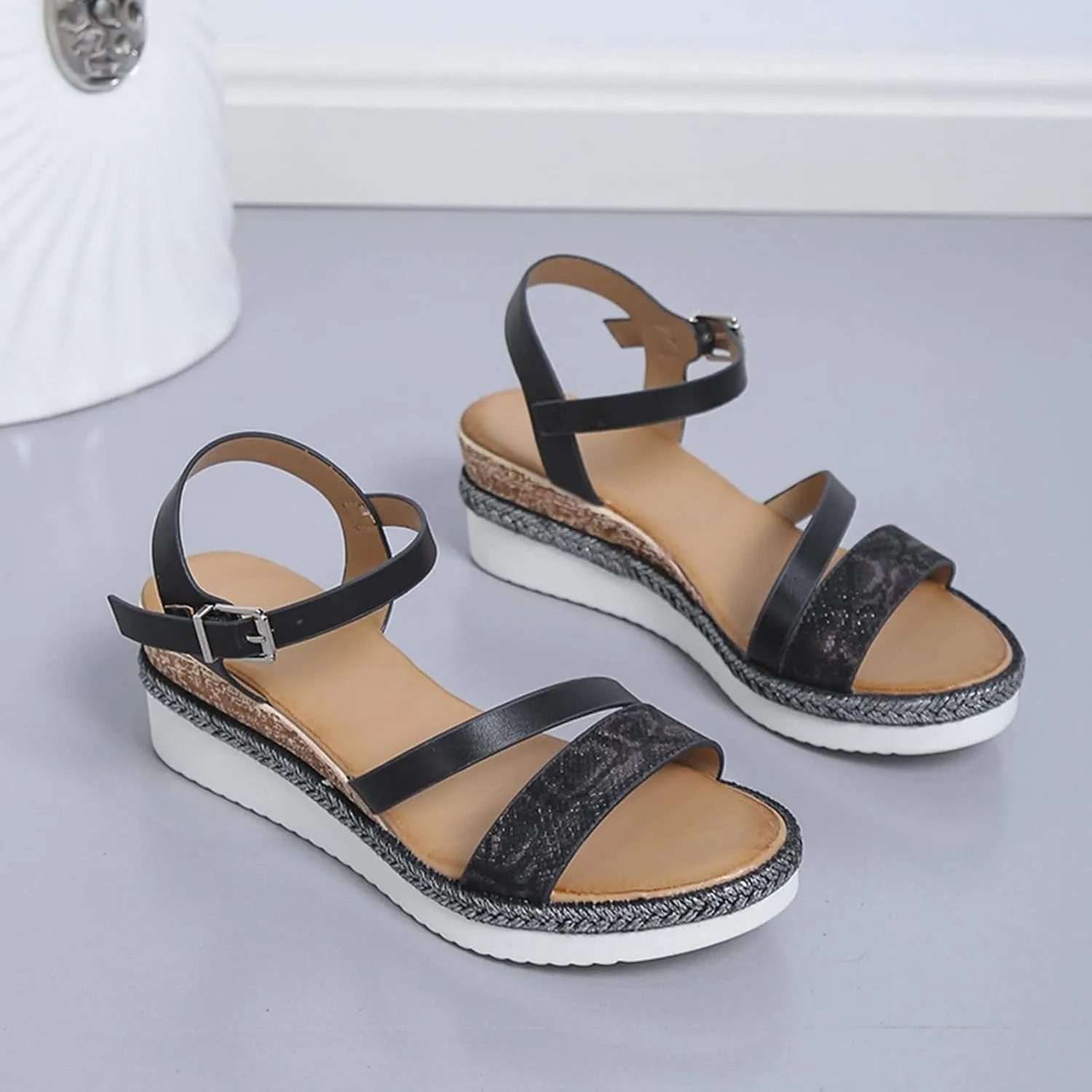 Women's Platform Espadrilles Wedge Sandals, Comfortable Open Toe One Band Sandals Dressy Casual Summer Round Crisscross with Adjustable Ankle Strap Buckle Stylish Wedges Espadrille Sandal