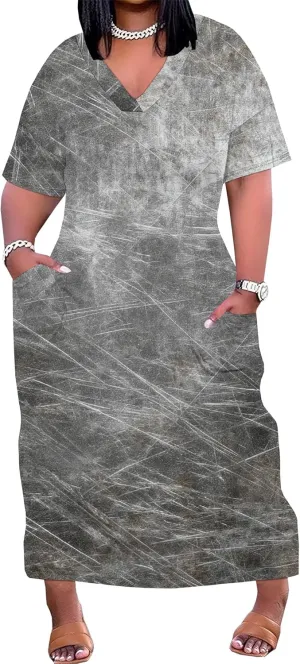 Women's Plus Size African Print Dresses Casual Loose Pocket Short Sleeve Long Maxi Dress