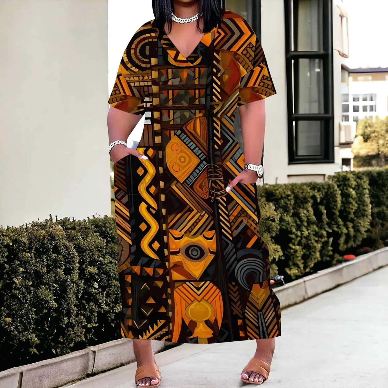 Women's Plus Size African Print Dresses Casual Loose Pocket Short Sleeve Long Maxi Dress