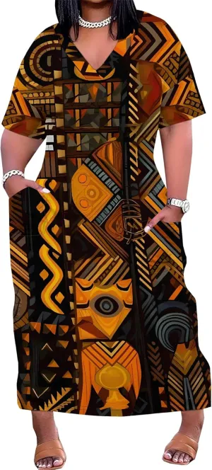 Women's Plus Size African Print Dresses Casual Loose Pocket Short Sleeve Long Maxi Dress