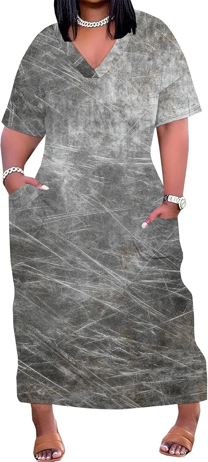 Women's Plus Size African Print Dresses Casual Loose Pocket Short Sleeve Long Maxi Dress