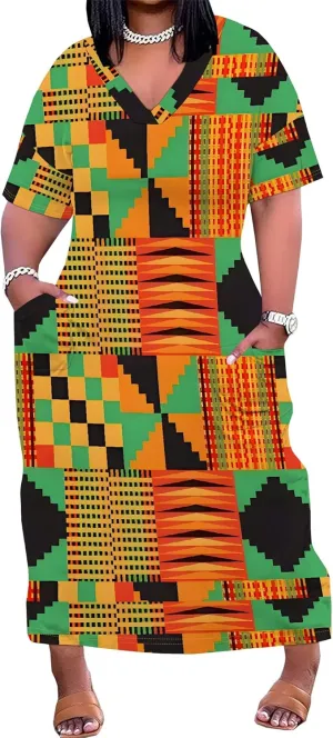Women's Plus Size African Print Dresses Casual Loose Pocket Short Sleeve Long Maxi Dress