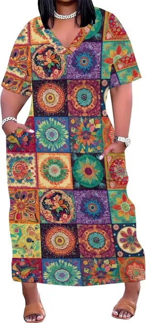 Women's Plus Size African Print Dresses Casual Loose Pocket Short Sleeve Long Maxi Dress
