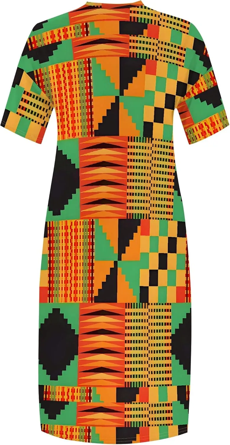 Women's Plus Size African Print Dresses Casual Loose Pocket Short Sleeve Long Maxi Dress