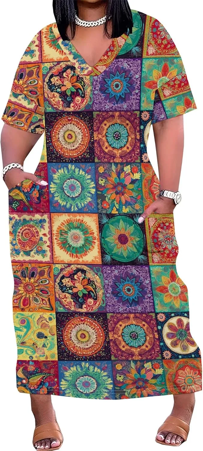 Women's Plus Size African Print Dresses Casual Loose Pocket Short Sleeve Long Maxi Dress