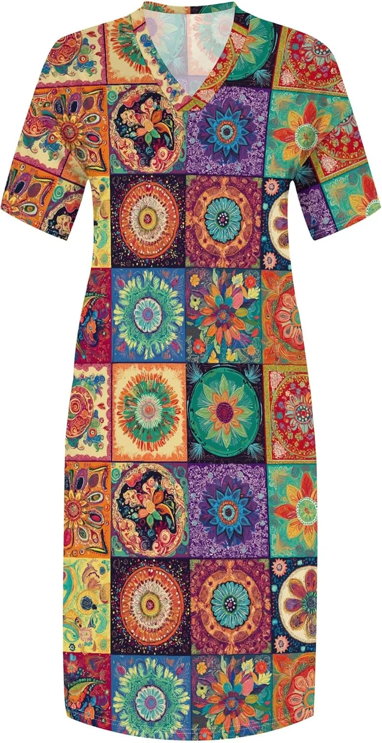 Women's Plus Size African Print Dresses Casual Loose Pocket Short Sleeve Long Maxi Dress