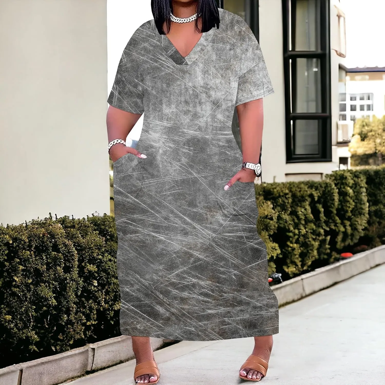 Women's Plus Size African Print Dresses Casual Loose Pocket Short Sleeve Long Maxi Dress