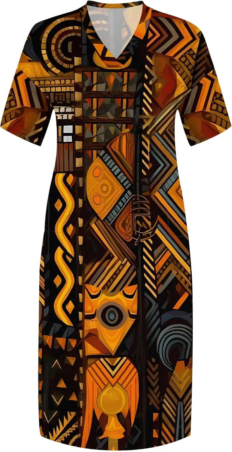 Women's Plus Size African Print Dresses Casual Loose Pocket Short Sleeve Long Maxi Dress