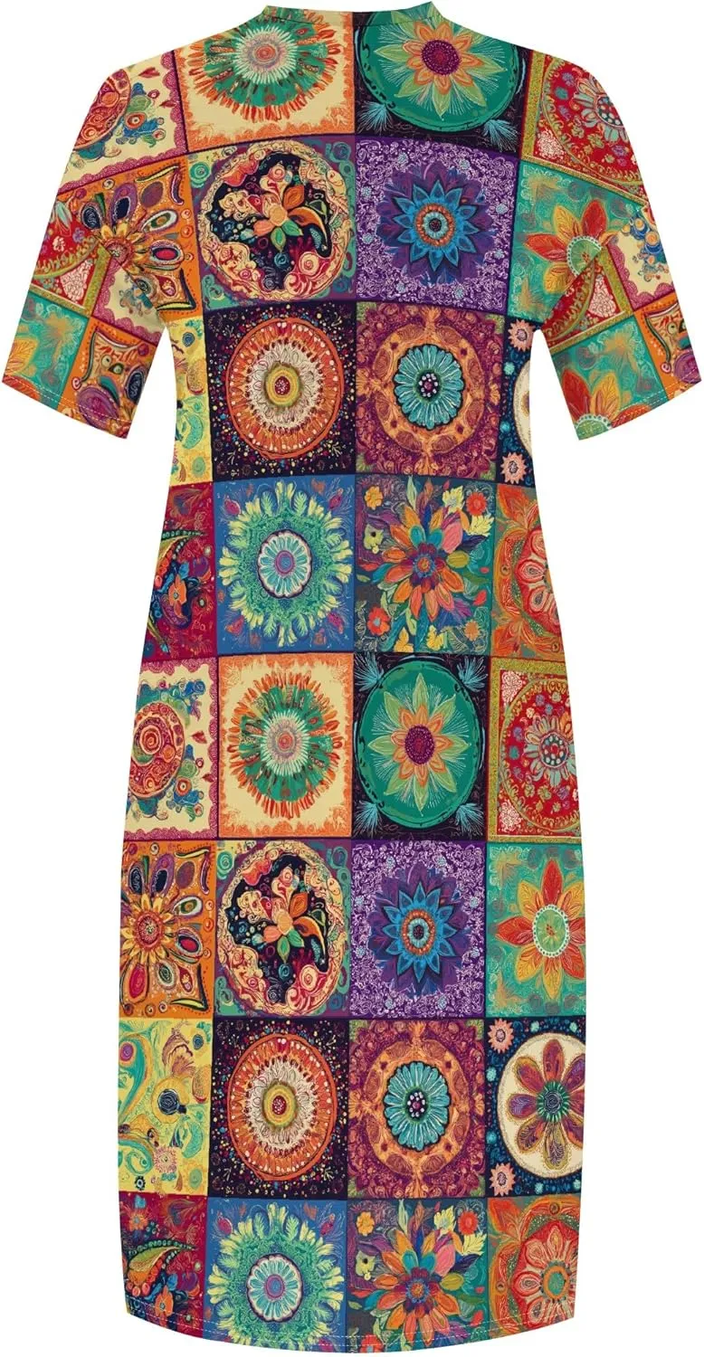 Women's Plus Size African Print Dresses Casual Loose Pocket Short Sleeve Long Maxi Dress