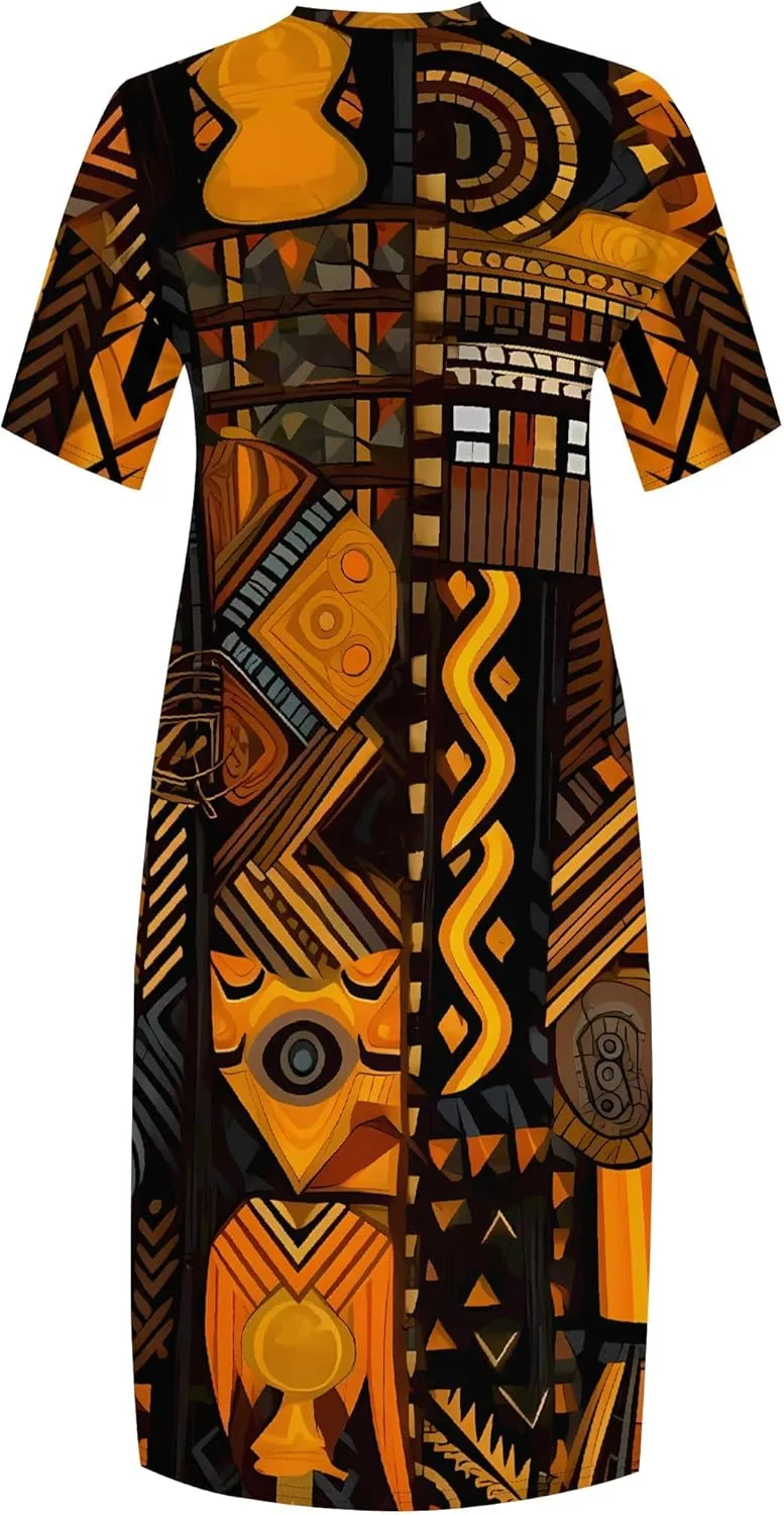 Women's Plus Size African Print Dresses Casual Loose Pocket Short Sleeve Long Maxi Dress