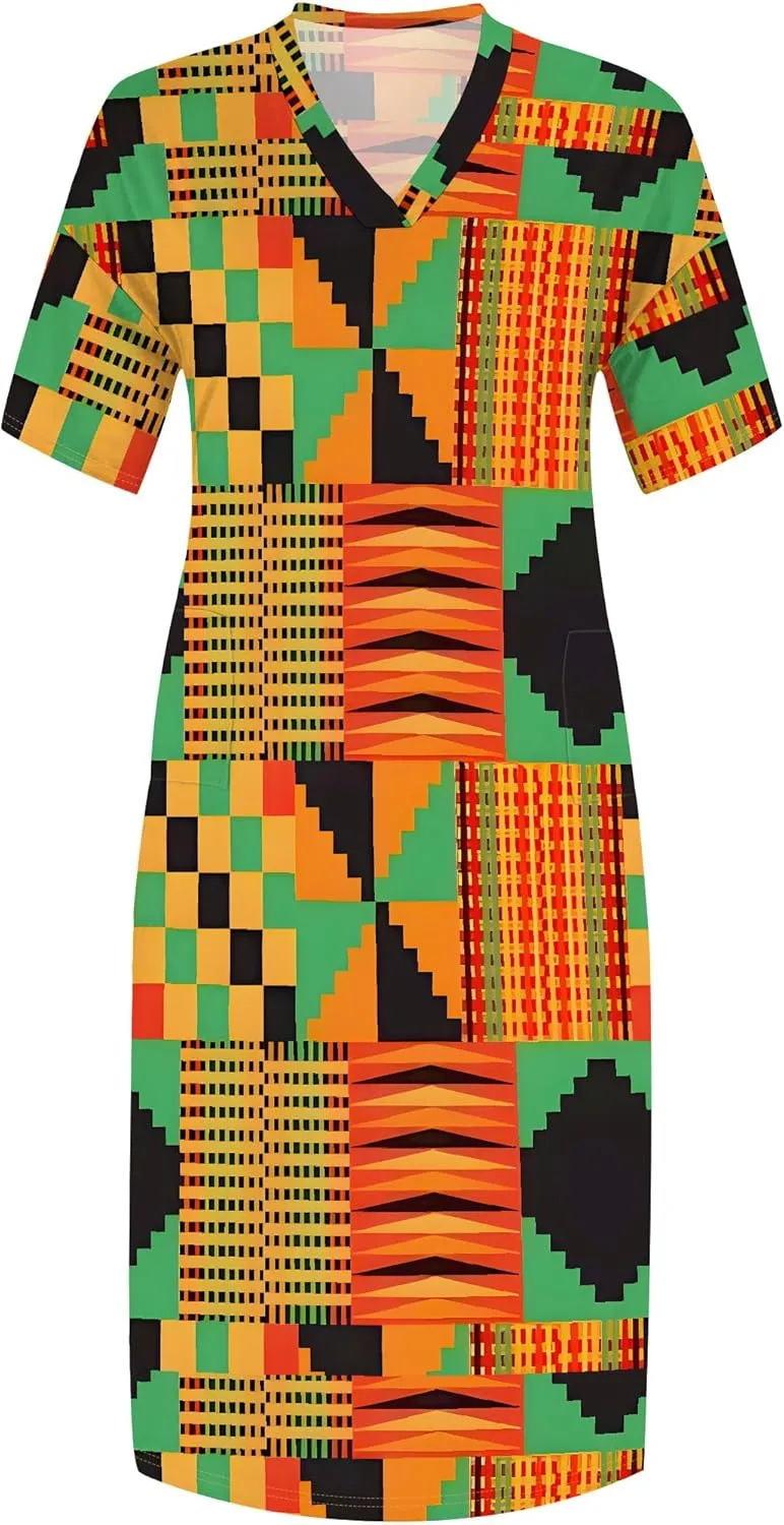 Women's Plus Size African Print Dresses Casual Loose Pocket Short Sleeve Long Maxi Dress