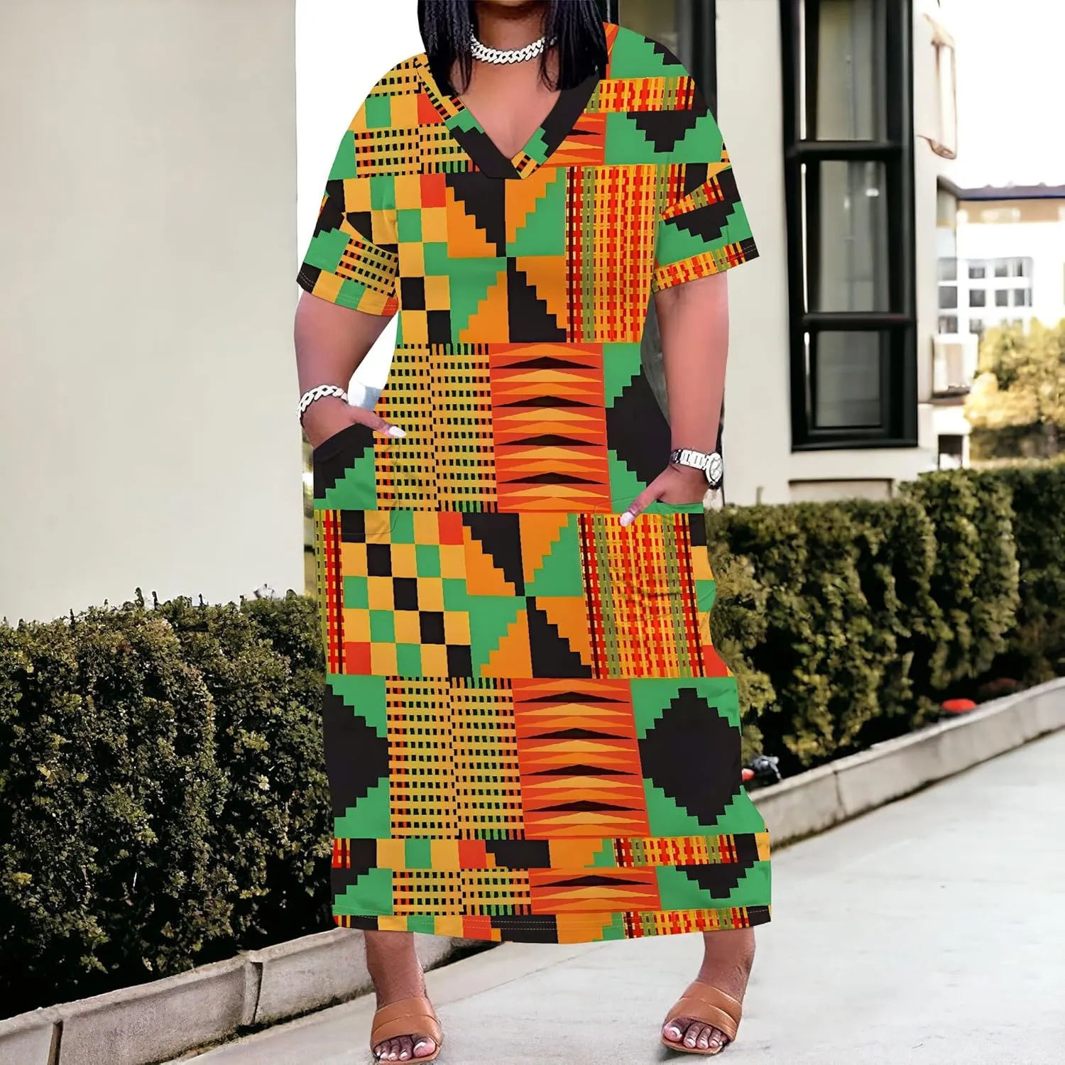 Women's Plus Size African Print Dresses Casual Loose Pocket Short Sleeve Long Maxi Dress
