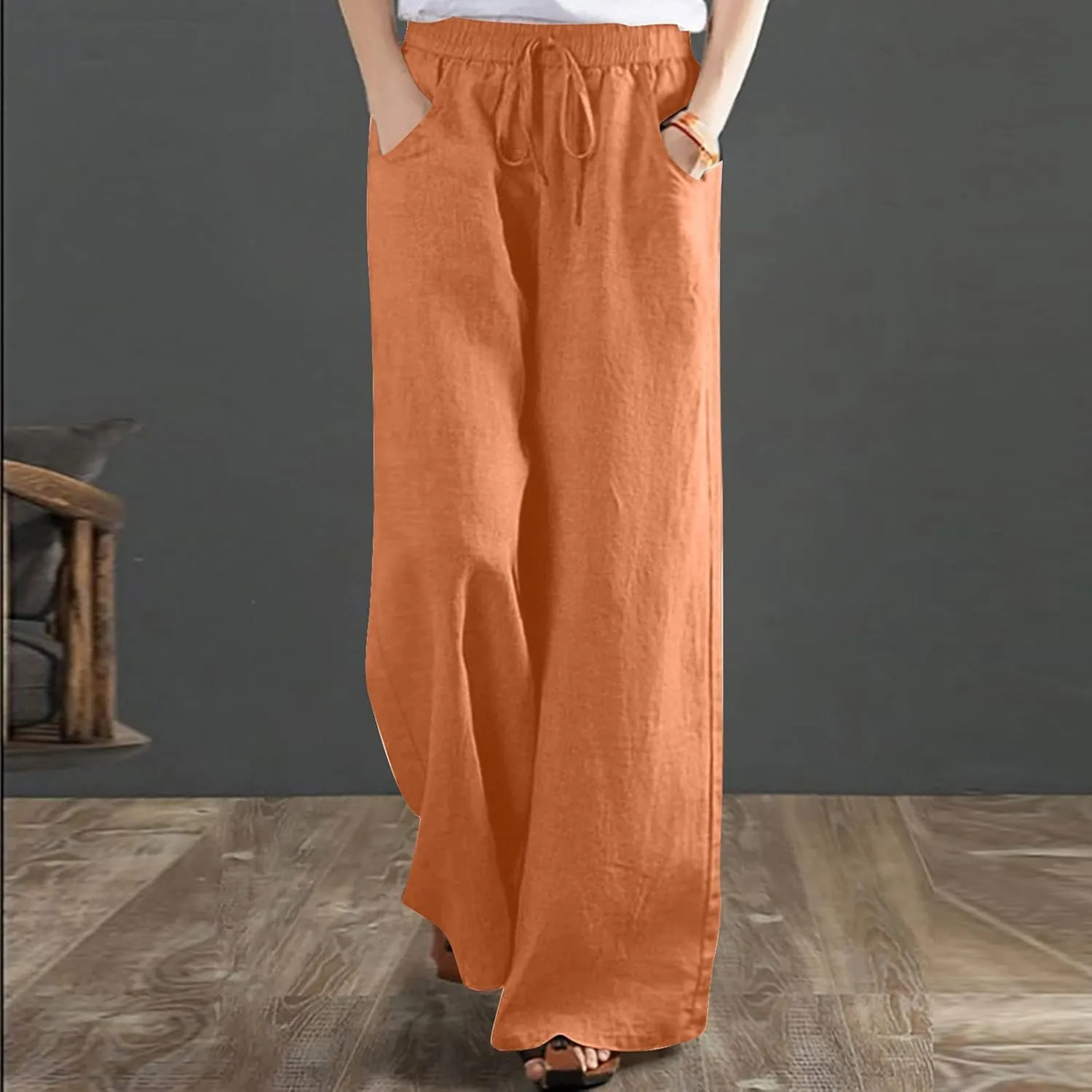Womens Plus Size Linen Pants Wide Leg Palazzo Pant Drawstring High Elastic Waist Flowy Culottes Trousers with Pockets