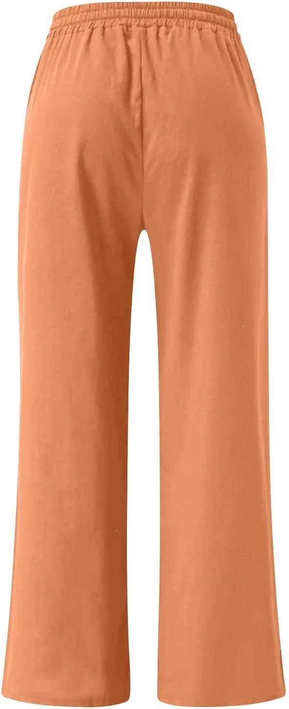 Womens Plus Size Linen Pants Wide Leg Palazzo Pant Drawstring High Elastic Waist Flowy Culottes Trousers with Pockets