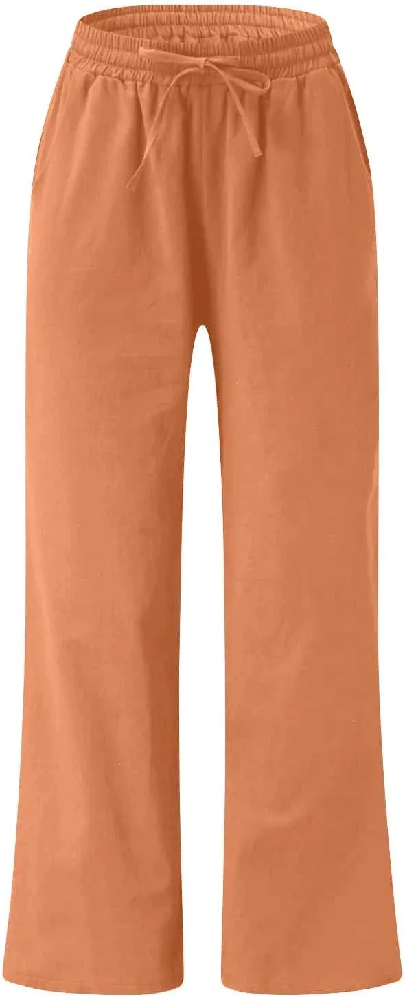Womens Plus Size Linen Pants Wide Leg Palazzo Pant Drawstring High Elastic Waist Flowy Culottes Trousers with Pockets