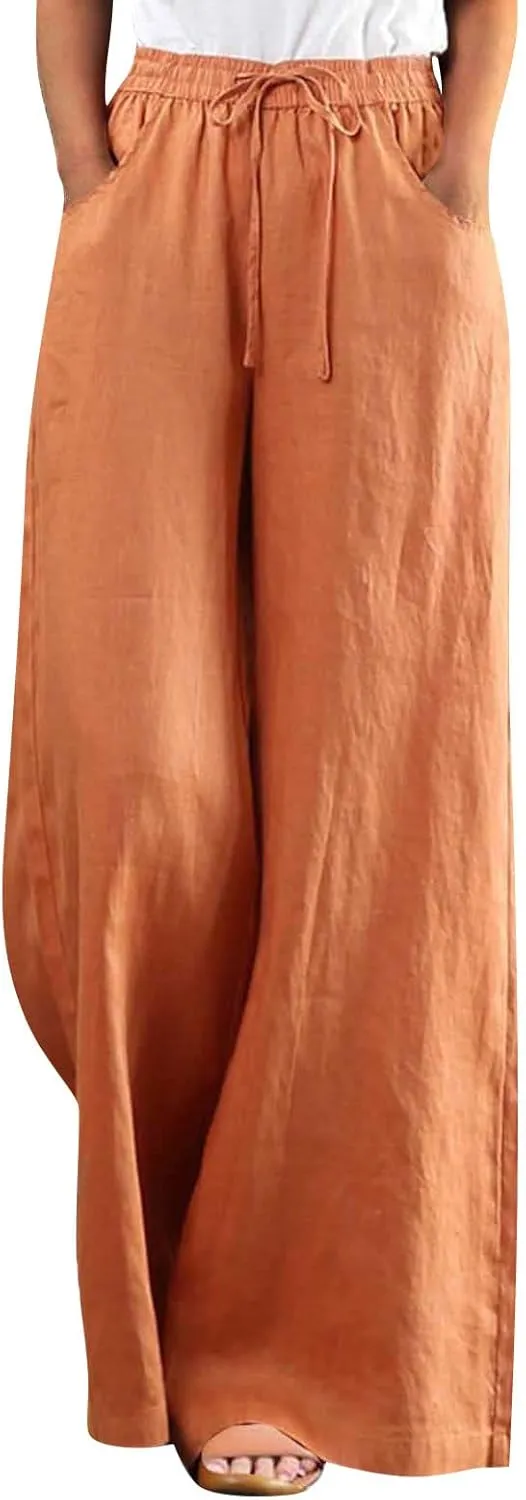 Womens Plus Size Linen Pants Wide Leg Palazzo Pant Drawstring High Elastic Waist Flowy Culottes Trousers with Pockets