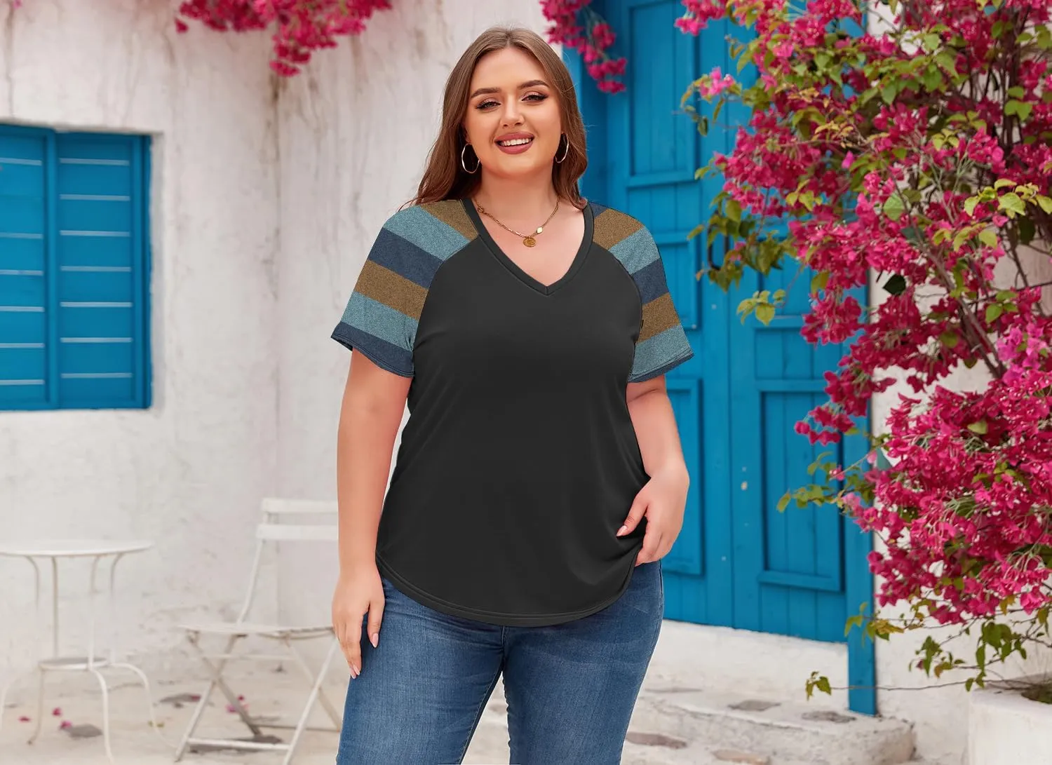 Women's Plus Size Tops Summer V Neck Short Sleeve Raglan T Shirts Casual Blouses Tops
