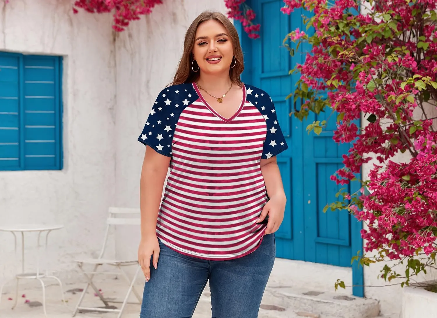Women's Plus Size Tops Summer V Neck Short Sleeve Raglan T Shirts Casual Blouses Tops