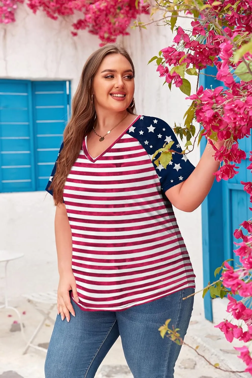 Women's Plus Size Tops Summer V Neck Short Sleeve Raglan T Shirts Casual Blouses Tops