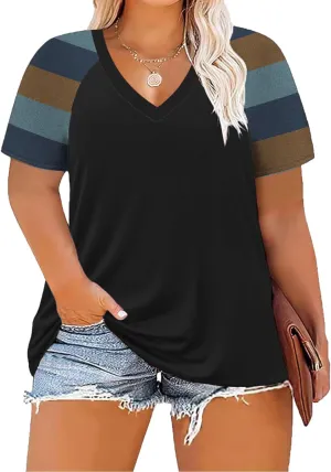 Women's Plus Size Tops Summer V Neck Short Sleeve Raglan T Shirts Casual Blouses Tops