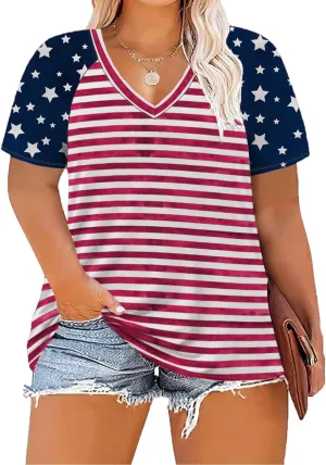 Women's Plus Size Tops Summer V Neck Short Sleeve Raglan T Shirts Casual Blouses Tops