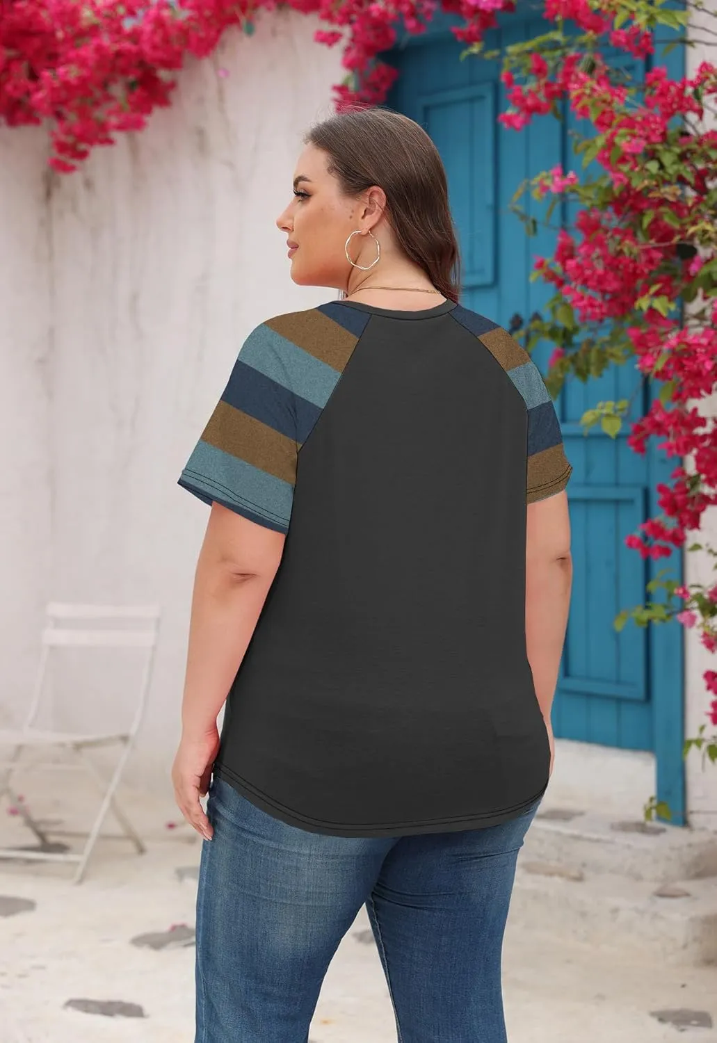 Women's Plus Size Tops Summer V Neck Short Sleeve Raglan T Shirts Casual Blouses Tops