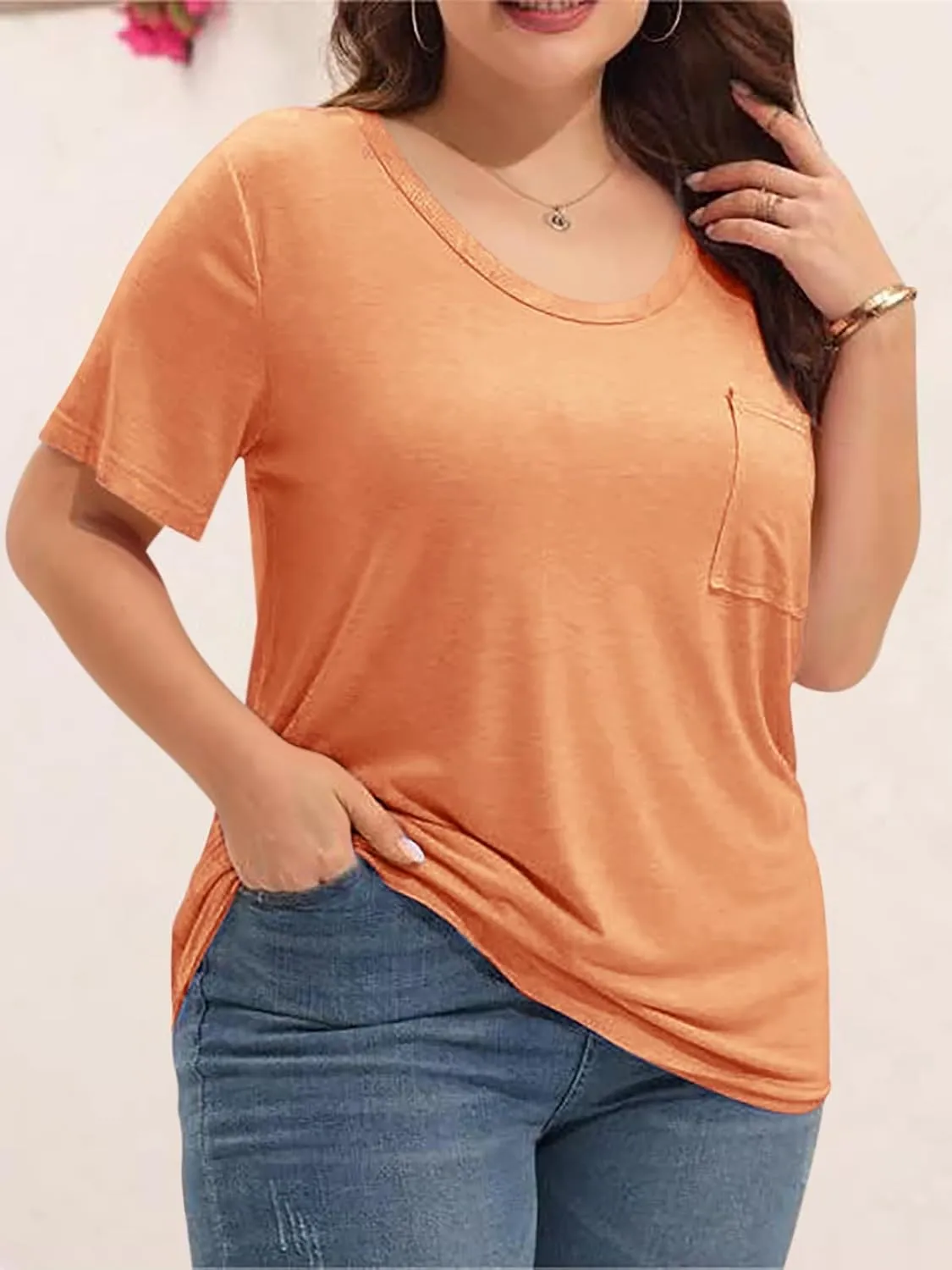 Womens Plus Size Tunic T Shirts Short Sleeve Round Neck Soft Loose Shirts Summer Casual Tops with Pocket